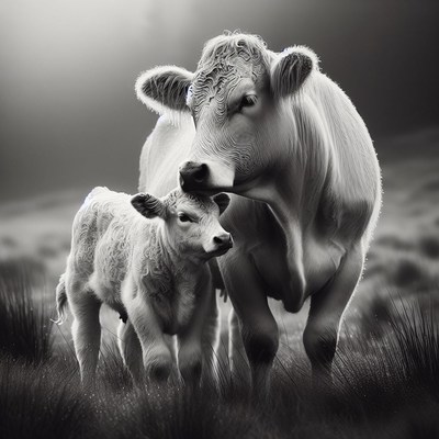 Cow and calf in a field