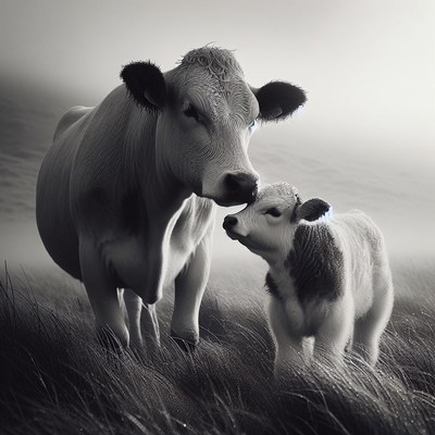 Cow nurturing calf in field