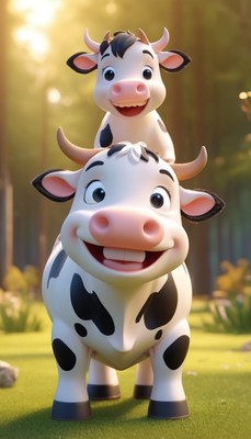 Smiling cartoon cows in grass