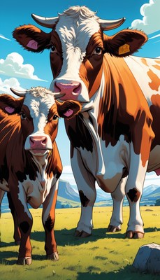 Cow and calf in field