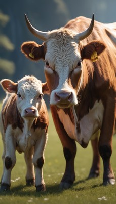 Cow and calf in grassy field