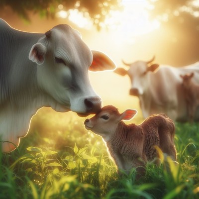 Cow nurturing calf in field at sunset