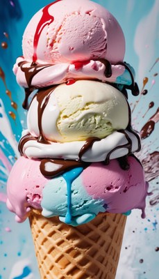 Stacked ice cream cone with chocolate drizzle