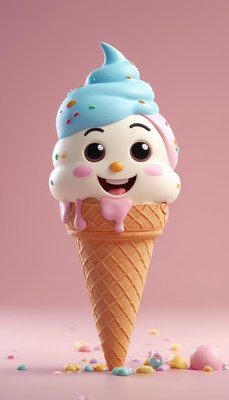 Smiling ice cream cone on pink background