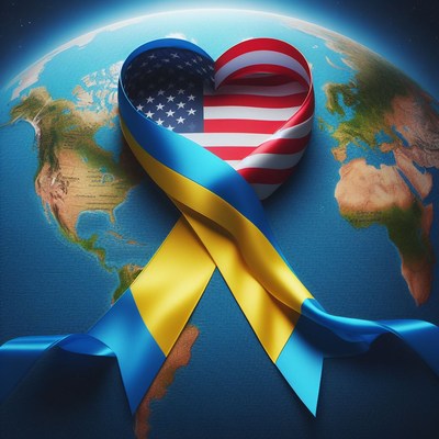 American and ukrainian flags in heart shape on globe
