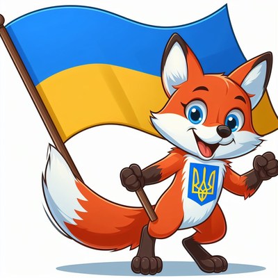 Cartoon fox holding ukrainian flag