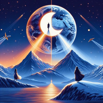 Nighttime fantasy landscape with figures