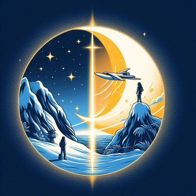 Night and day landscape with spaceship