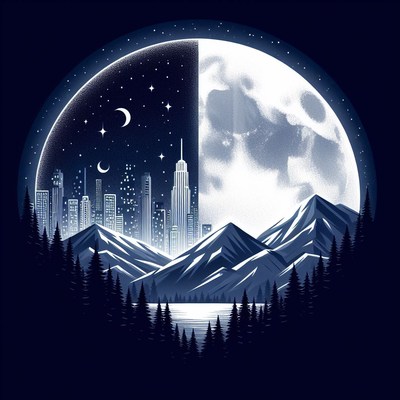 Cityscape under crescent moon