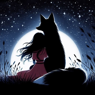 Girl and fox under night sky