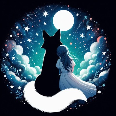 Girl and fox under night sky