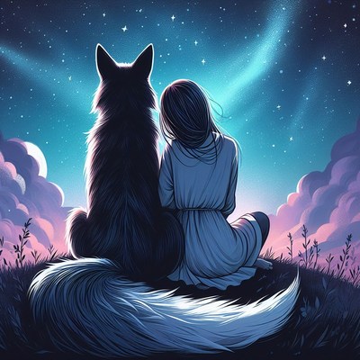 Woman and wolf under starry night