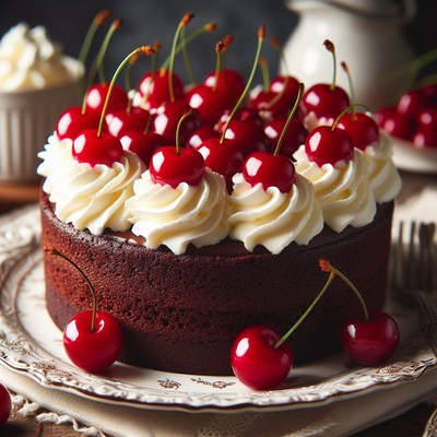 Chocolate cake with whipped cream and cherries
