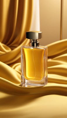 Gold perfume bottle on satin fabric