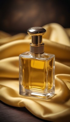 Gold perfume bottle on satin fabric
