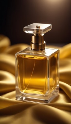 Perfume bottle on golden fabric