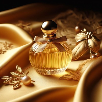 Gold perfume bottle on silk fabric