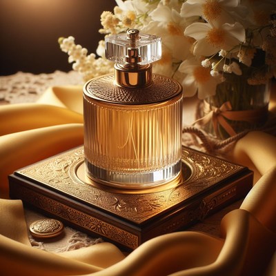 Gold perfume bottle on ornate tray