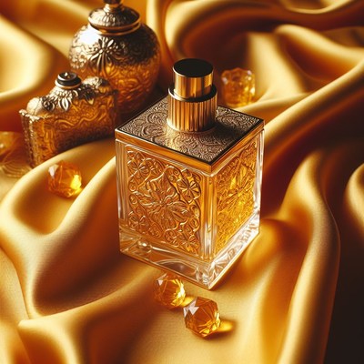 Ornate perfume bottle on gold fabric