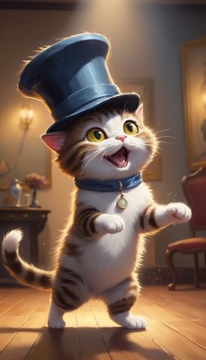Tabby cat in top hat standing in room