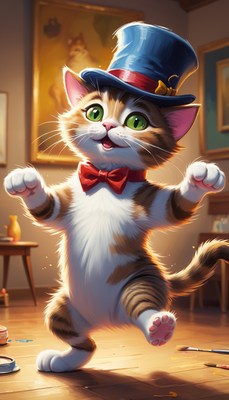 Cat in top hat dancing in studio