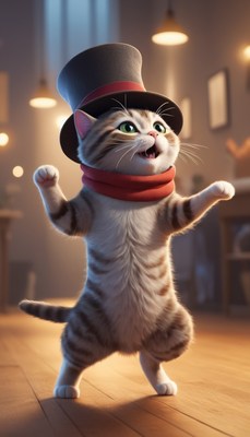 Cat in top hat dancing in room