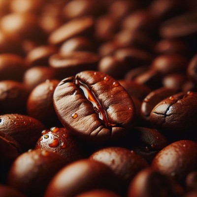 Close-up of coffee beans with water droplets