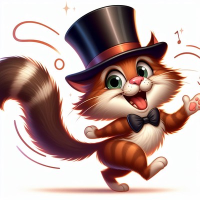 Smiling cat in top hat dancing