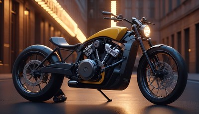 Black and yellow motorcycle parked in city