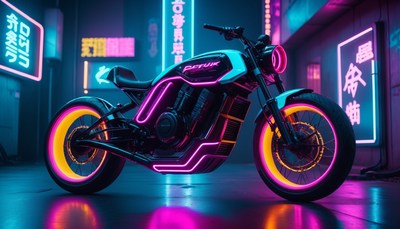 Neon motorcycle in city alley