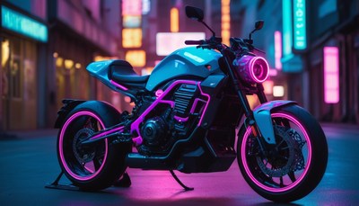 Neon motorcycle in city at night