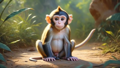 Young monkey sitting on path in jungle