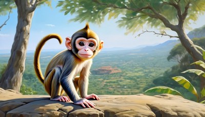 Monkey on cliff overlooking valley
