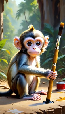 Monkey painting with a brush