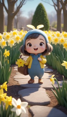 Girl walking through daffodil garden