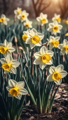 Daffodils blooming in spring sunlight