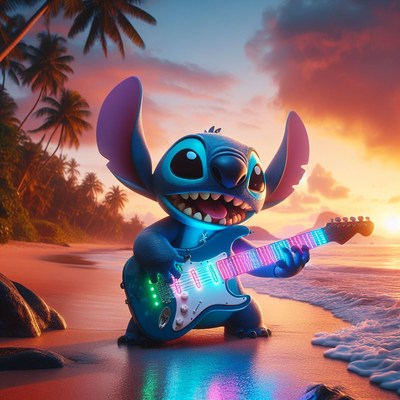 Stitch plays guitar at sunset