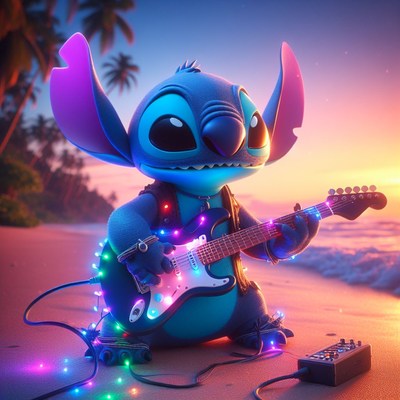 Stitch plays guitar on the beach at sunset