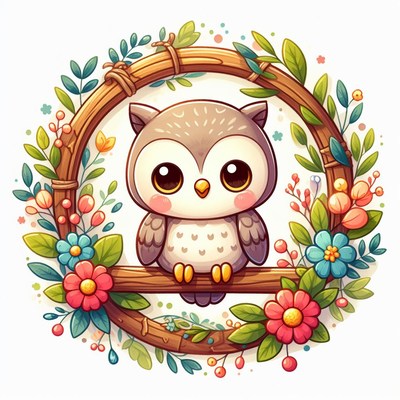 Cute owl in floral wreath