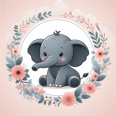 Cute cartoon elephant in floral wreath
