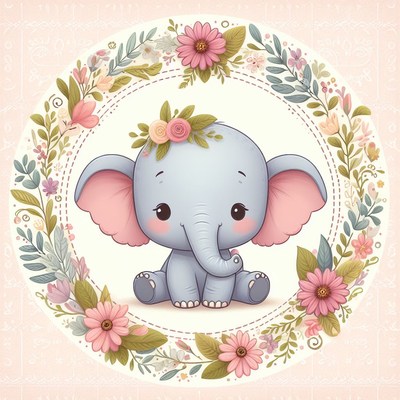 Cute elephant in flower wreath