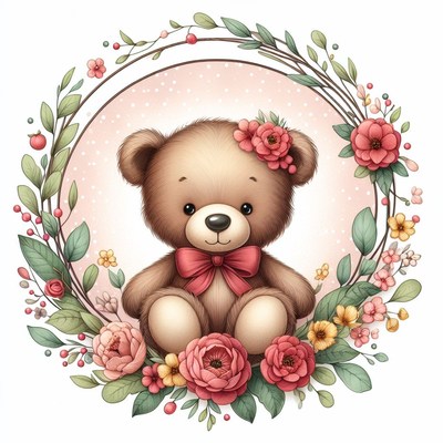 Teddy bear in floral wreath