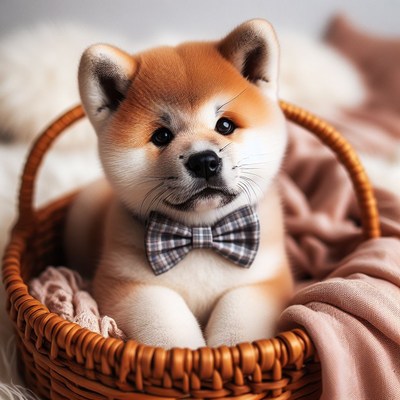 Akita puppy wearing bow tie in basket
