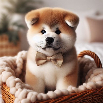 Akita puppy wearing bow tie