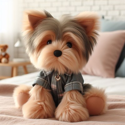 Yorkshire terrier plush toy in plaid shirt
