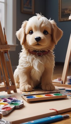 Puppy artist with watercolors