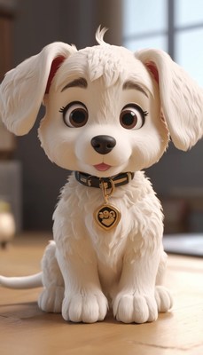 White puppy sitting on wooden floor