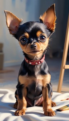 Chihuahua puppy sitting on white fabric