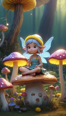 Fairy sitting on mushroom in forest