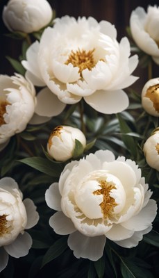 White peonies blooming in garden